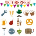 Octoberfest icon set. German food and beer symbols isolated on white background. Oktoberfest beer festival design elements.